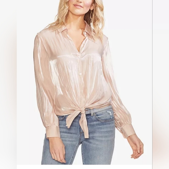 Two by Vince Camuto Shimmering Blush Button Down Shirt - Picture 1 of 7